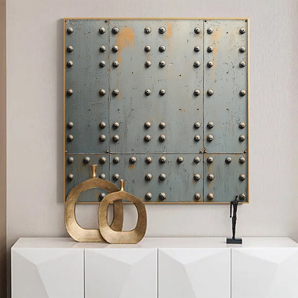 INDUSTRIAL STRENGTH: Textured Metal Panel With Rivets Patina Square Canvas