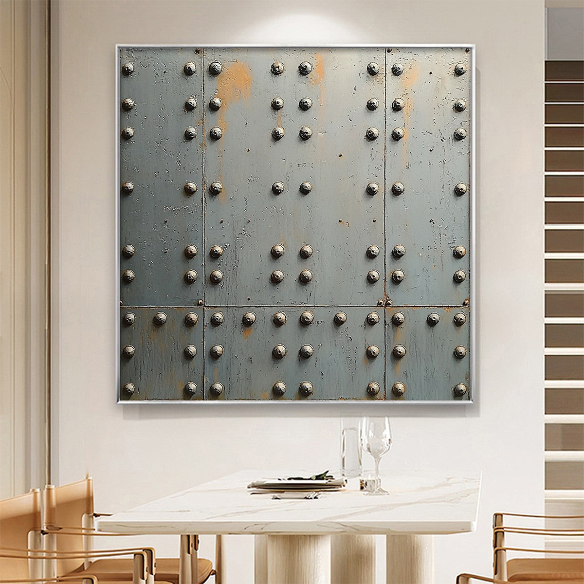INDUSTRIAL STRENGTH: Textured Metal Panel With Rivets Patina Square Canvas