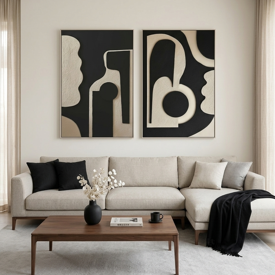 INK BLOT DUO: Black Beige Inkblot Set Textured Minimalist Canvas