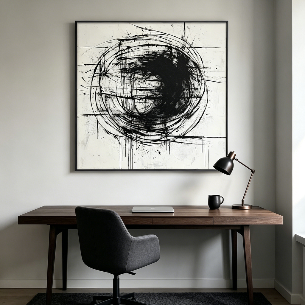 INK VORTEX: Dynamic Black Ink White Canvas Abstract Expression Oil Painting