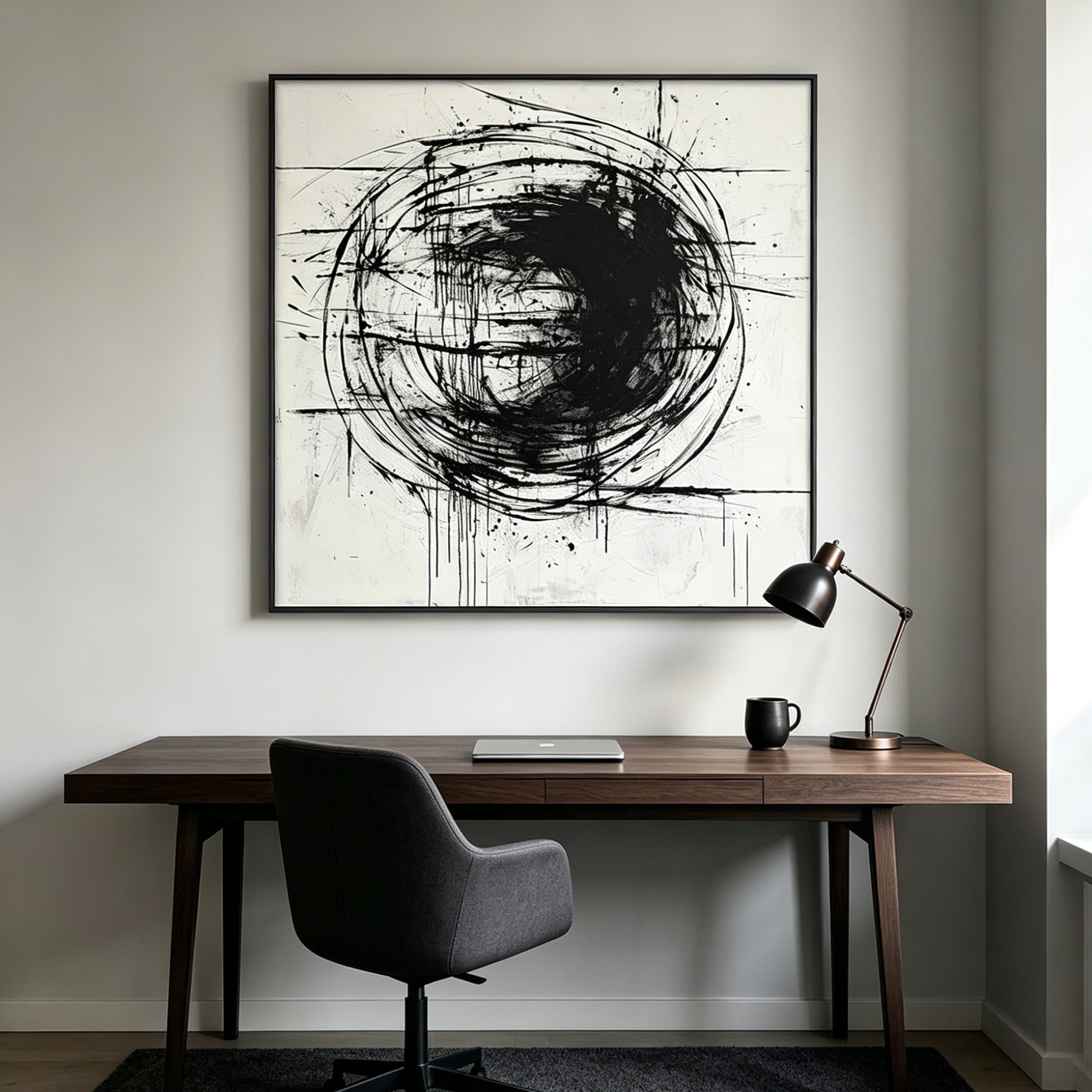 INK VORTEX: Dynamic Black Ink White Canvas Abstract Expression Oil Painting