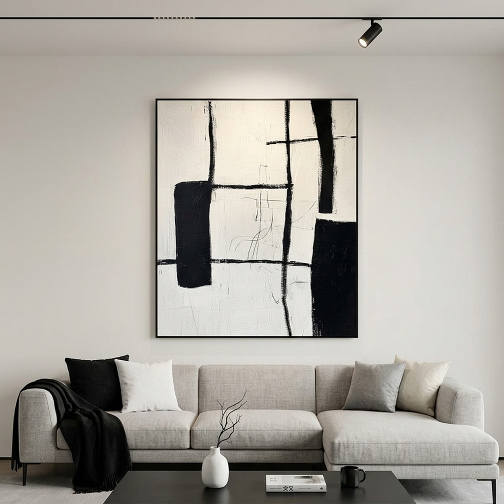 INTERSECTION: Bold Black Shapes Lines Heavily Textured Canvas
