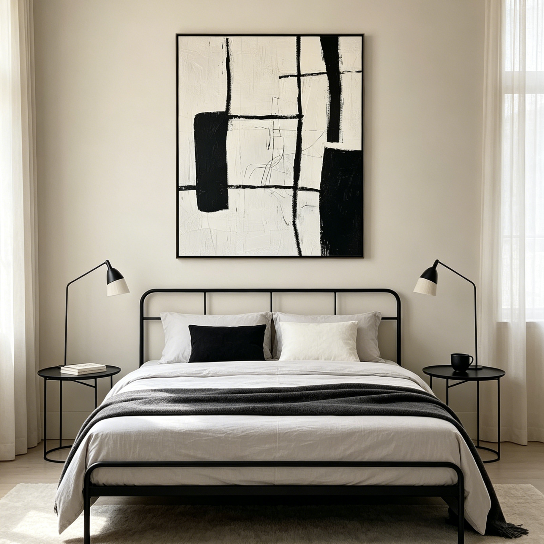 INTERSECTION: Bold Black Shapes Lines Heavily Textured Canvas