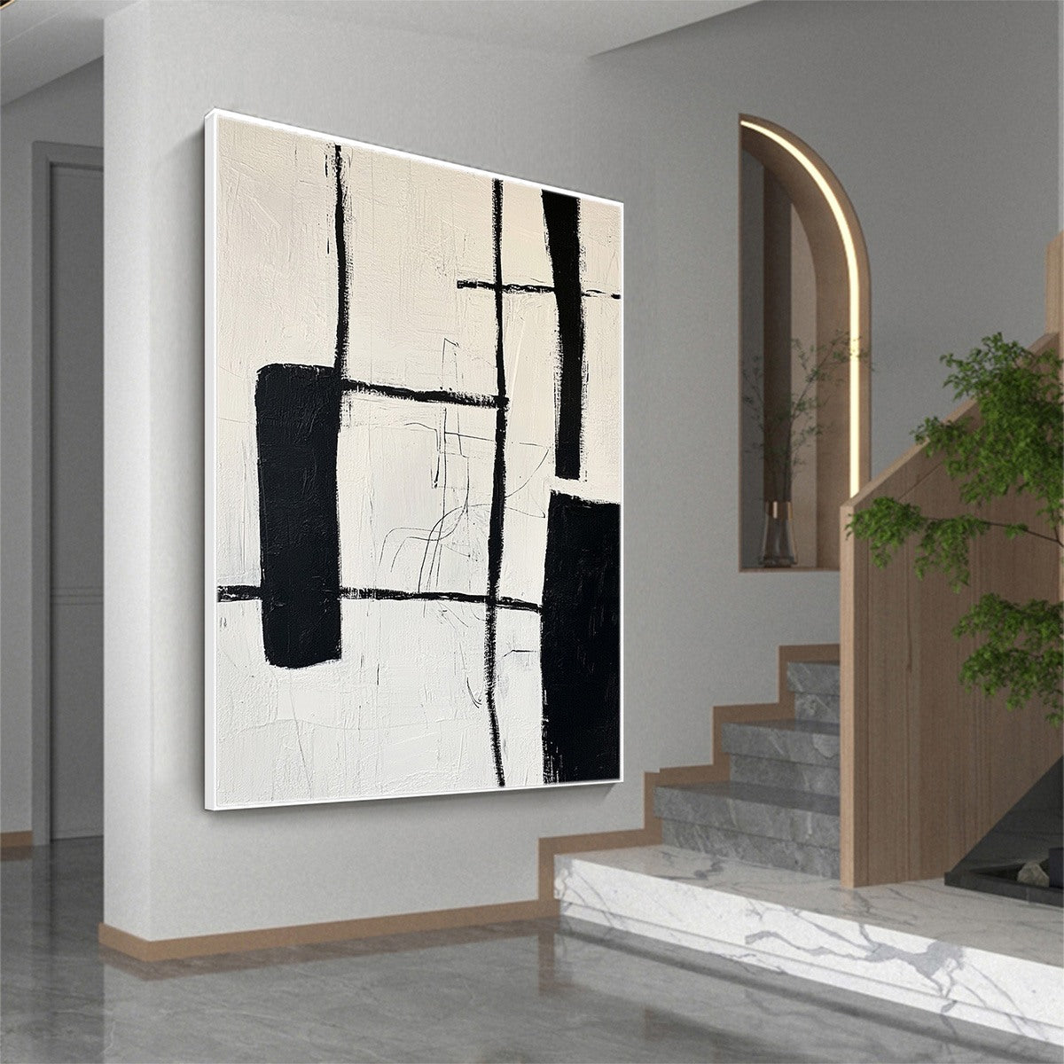 INTERSECTION: Bold Black Shapes Lines Heavily Textured Canvas