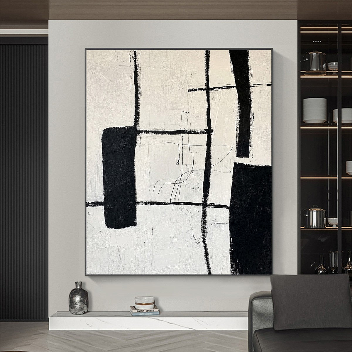 INTERSECTION: Bold Black Shapes Lines Heavily Textured Canvas