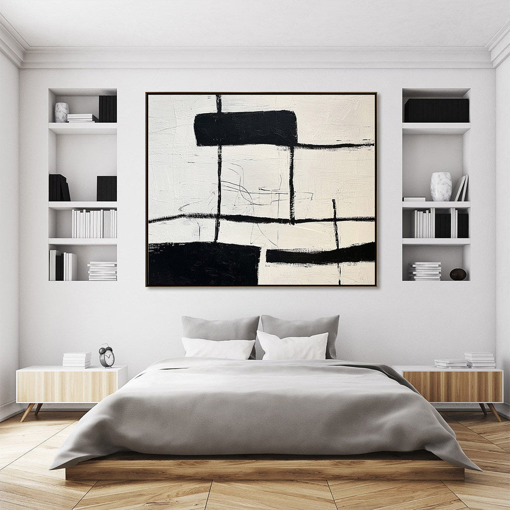 INTERSECTION: Bold Black Shapes Lines Heavily Textured Canvas