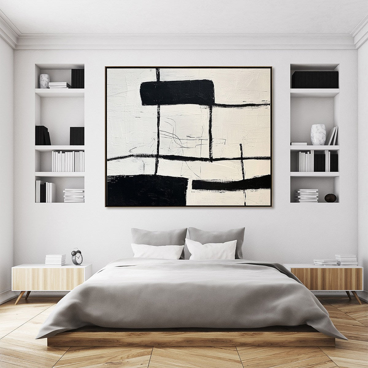 INTERSECTION: Bold Black Shapes Lines Heavily Textured Canvas