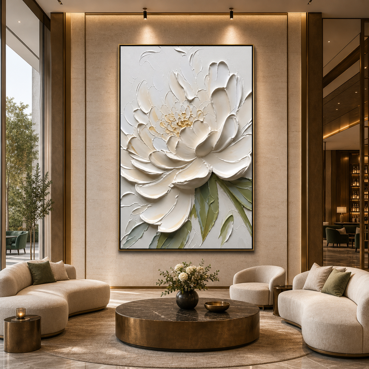 IVORY PETALS: Ivory White Impasto Peony  Canvas