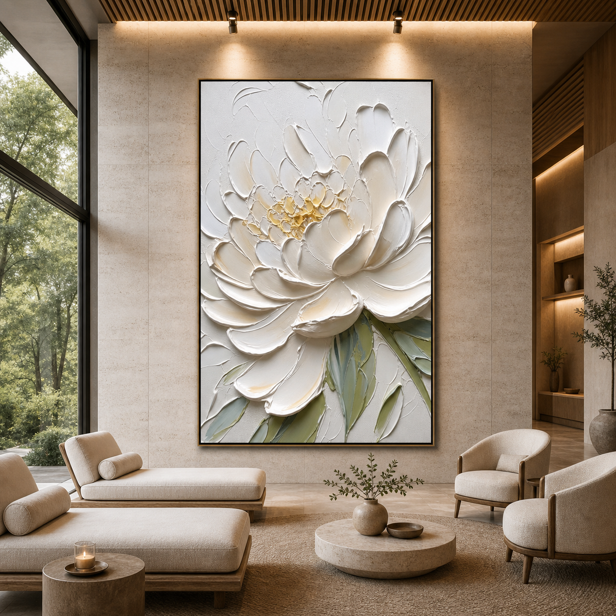 IVORY PETALS: Ivory White Impasto Peony  Canvas