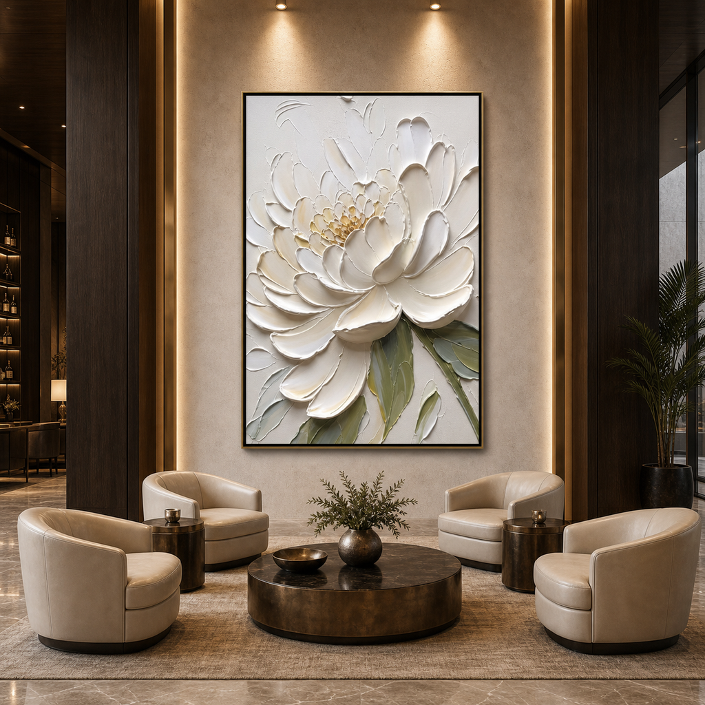 IVORY PETALS: Ivory White Impasto Peony  Canvas