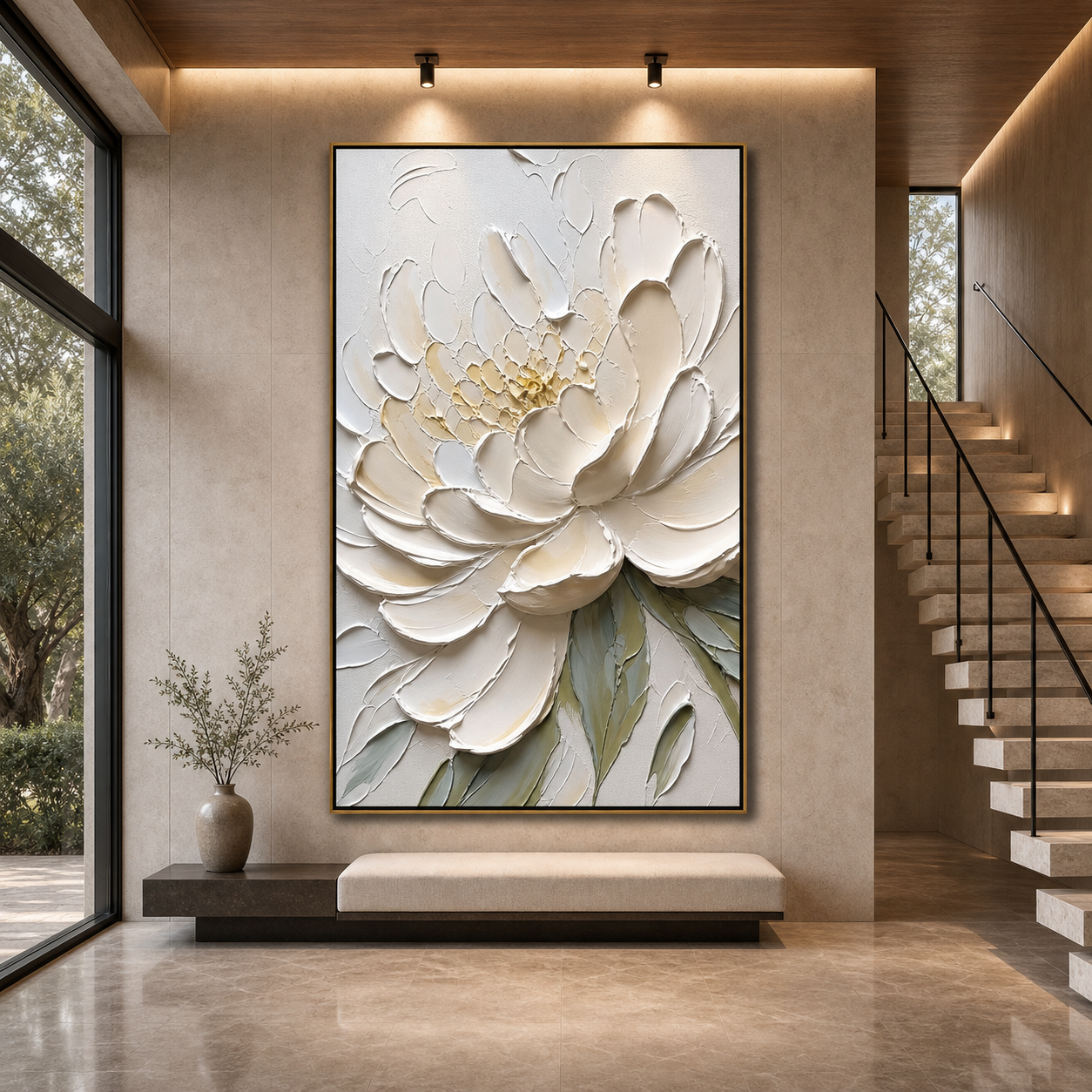 IVORY PETALS: Ivory White Impasto Peony  Canvas