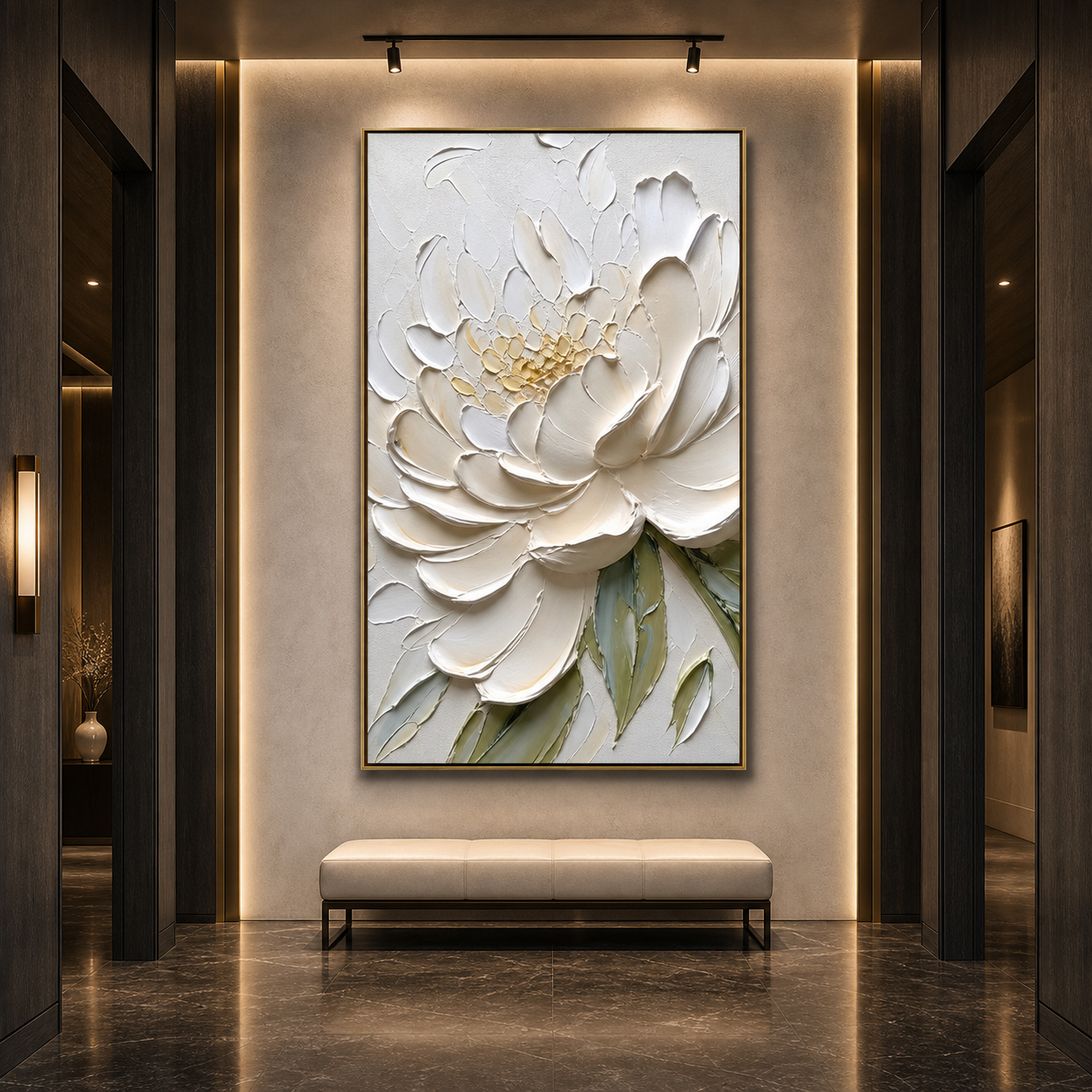 IVORY PETALS: Ivory White Impasto Peony  Canvas