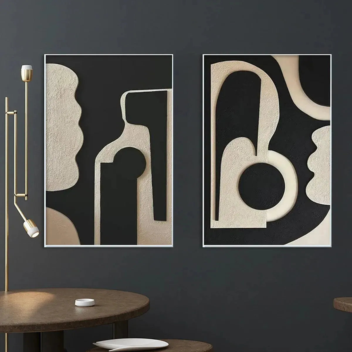 INK BLOT DUO: 2 framed abstract paintings, textured beige organic shapes on black background, modern minimalist decor.