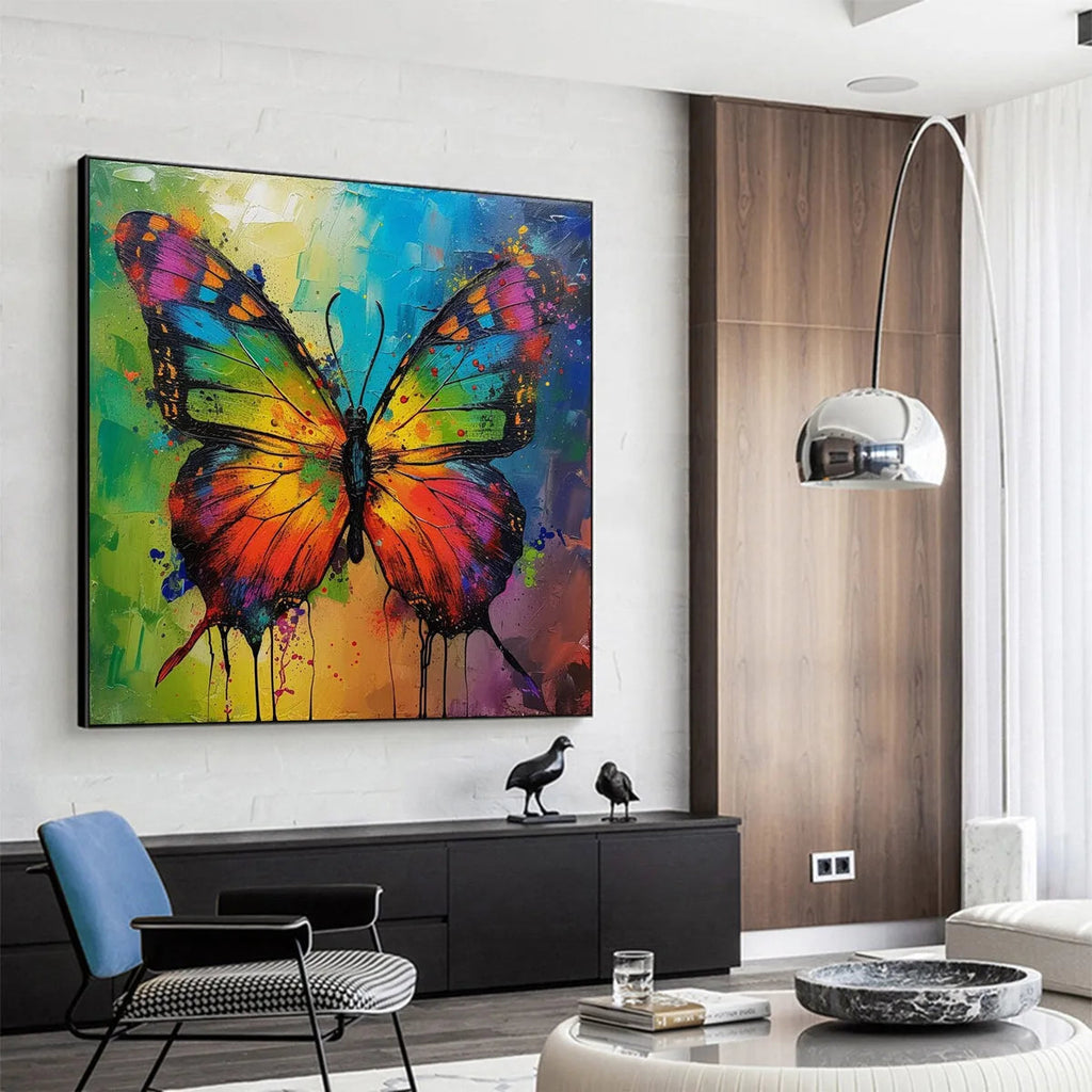 IRIDESCENT WINGS: Textured Square Colorful Butterfly Oil Painting