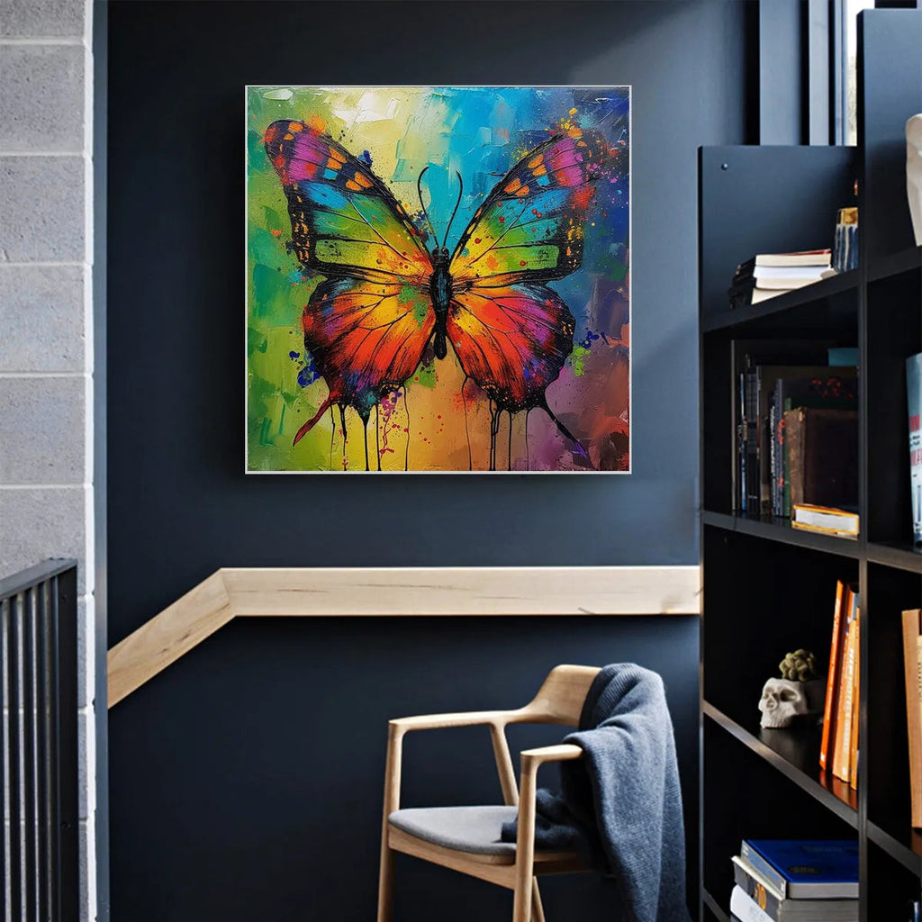 IRIDESCENT WINGS: Textured Square Colorful Butterfly Oil Painting