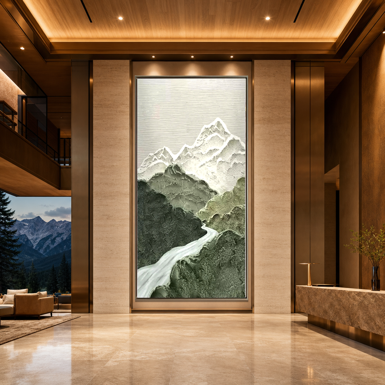 JADE PEAK: Green White Layered Mountain River Textured Minimalist Canvas