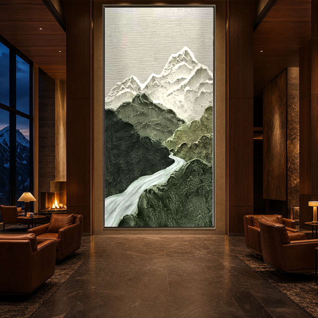 JADE PEAK: Green White Layered Mountain River Textured Minimalist Canvas