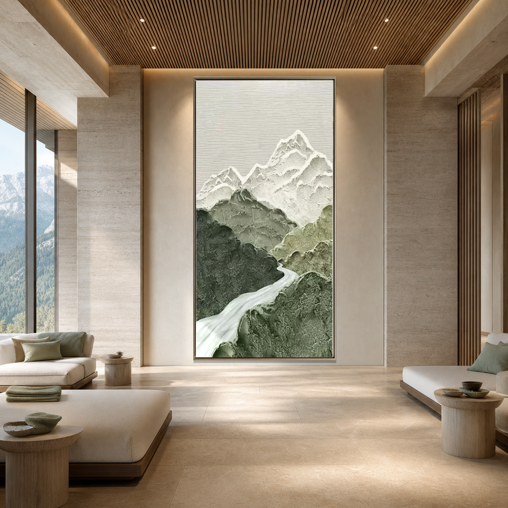 JADE PEAK: Green White Layered Mountain River Textured Minimalist Canvas