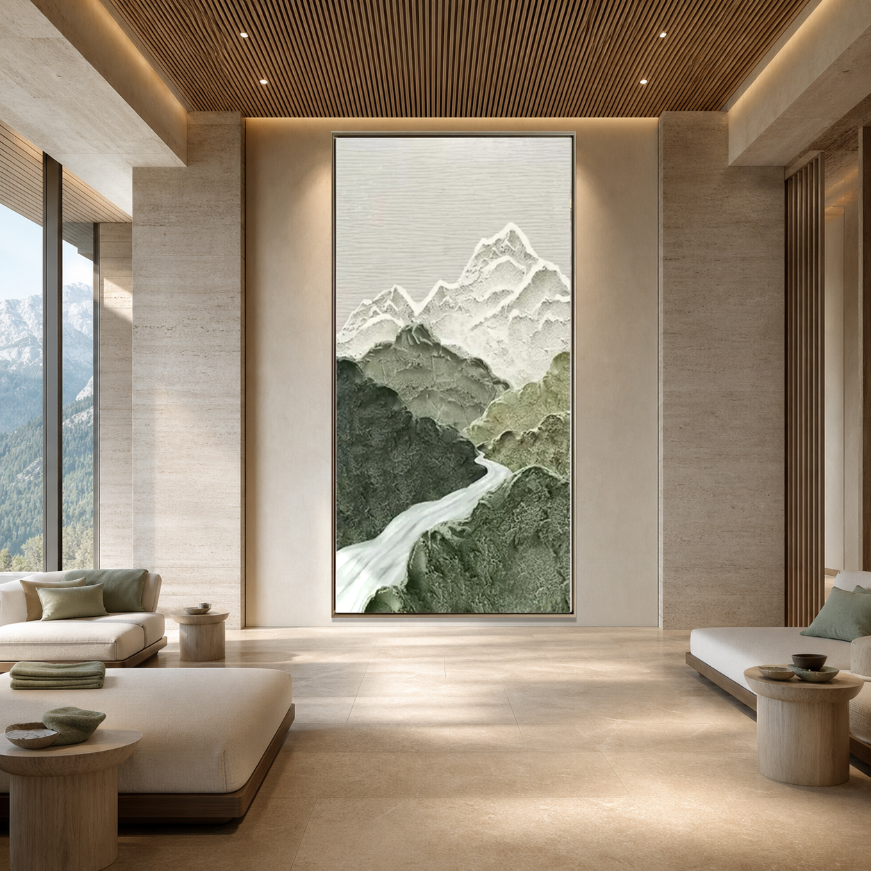 JADE PEAK: Green White Layered Mountain River Textured Minimalist Canvas