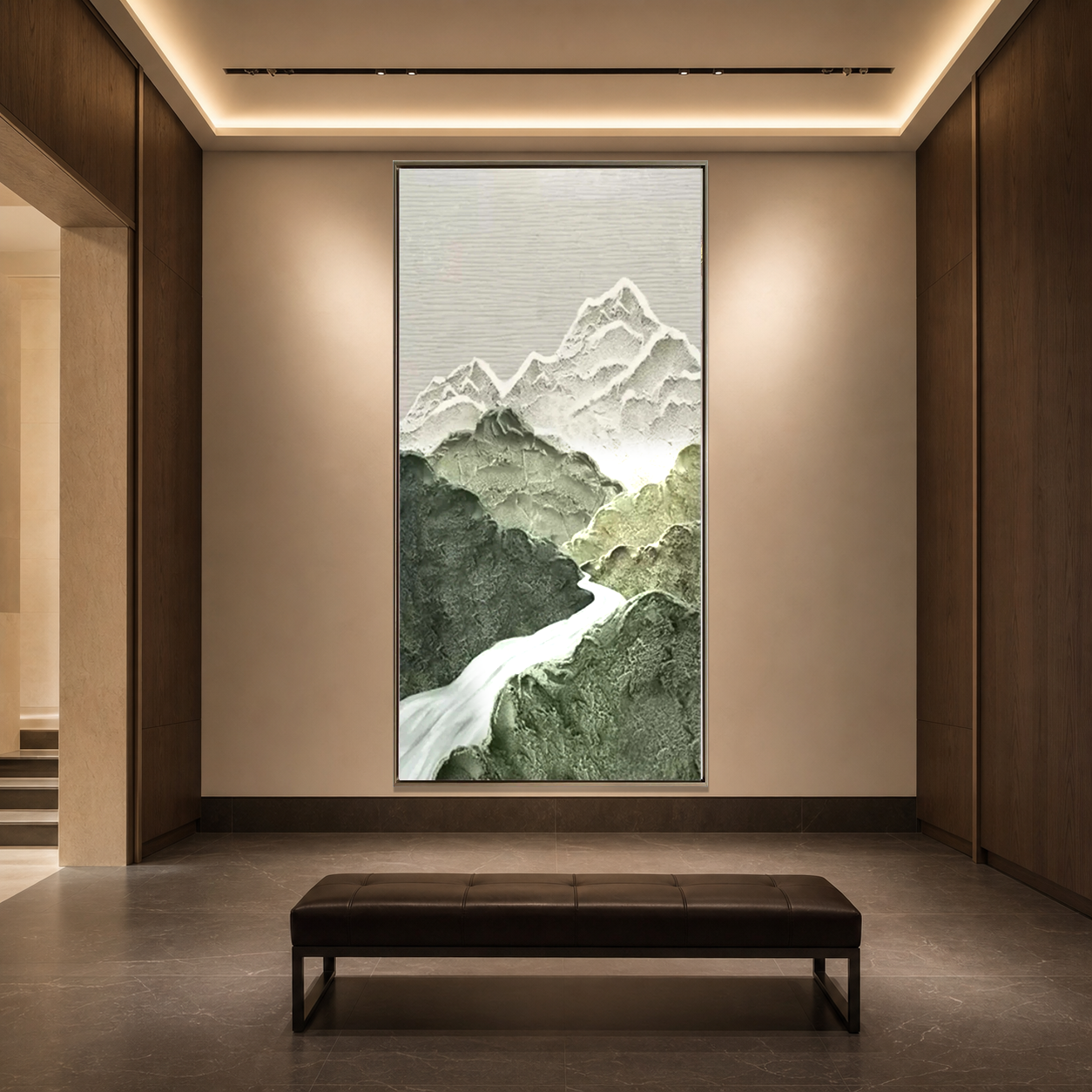 JADE PEAK: Green White Layered Mountain River Textured Minimalist Canvas