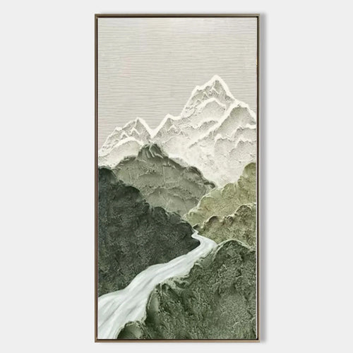JADE PEAK: Green White Layered Mountain River Textured Minimalist Canvas