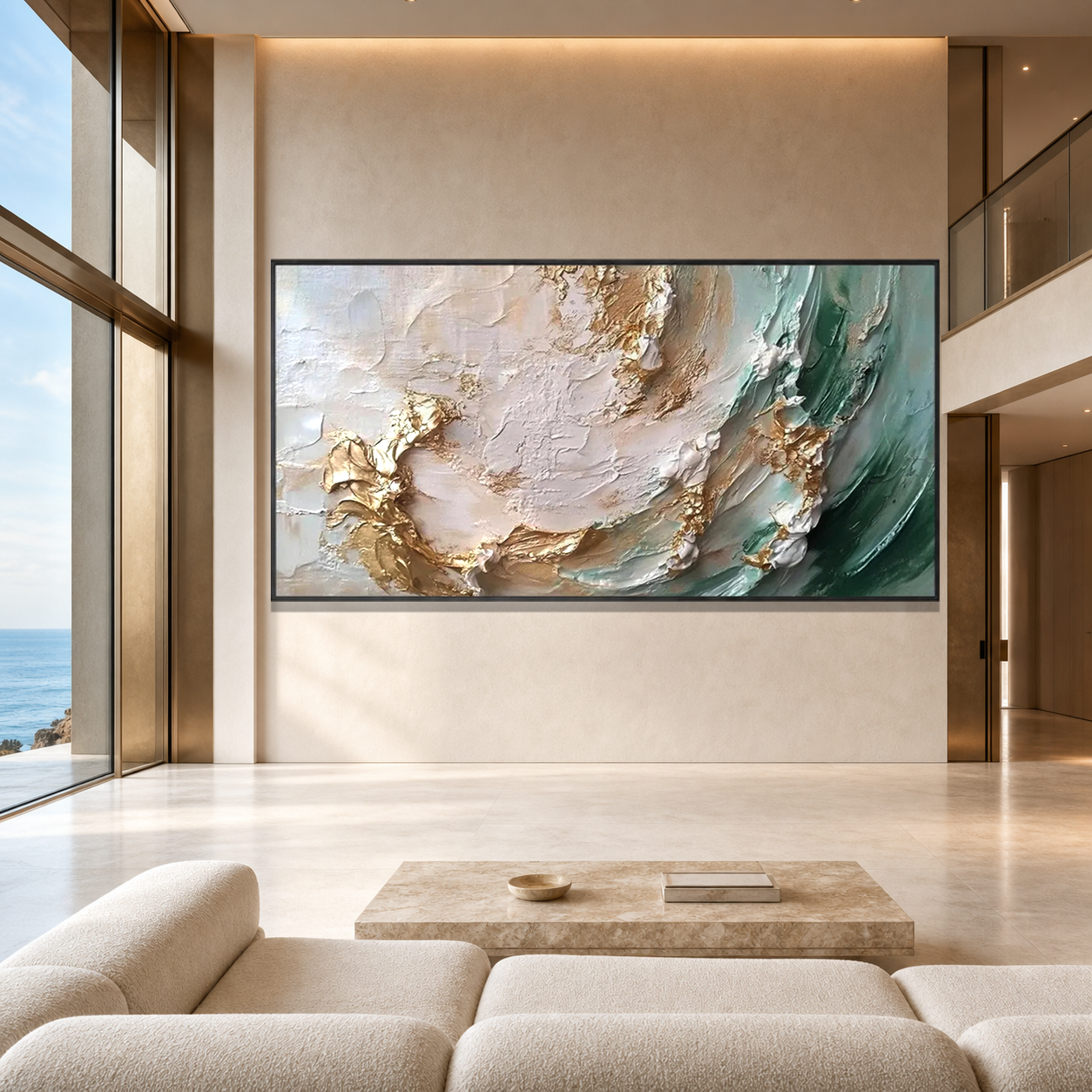 JADE AURORA: Textured Green Gold Impasto Abstract Natural Canvas