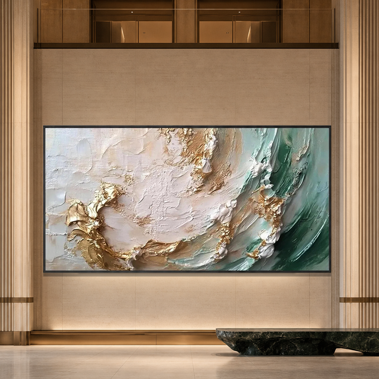 JADE AURORA: Textured Green Gold Impasto Abstract Natural Canvas