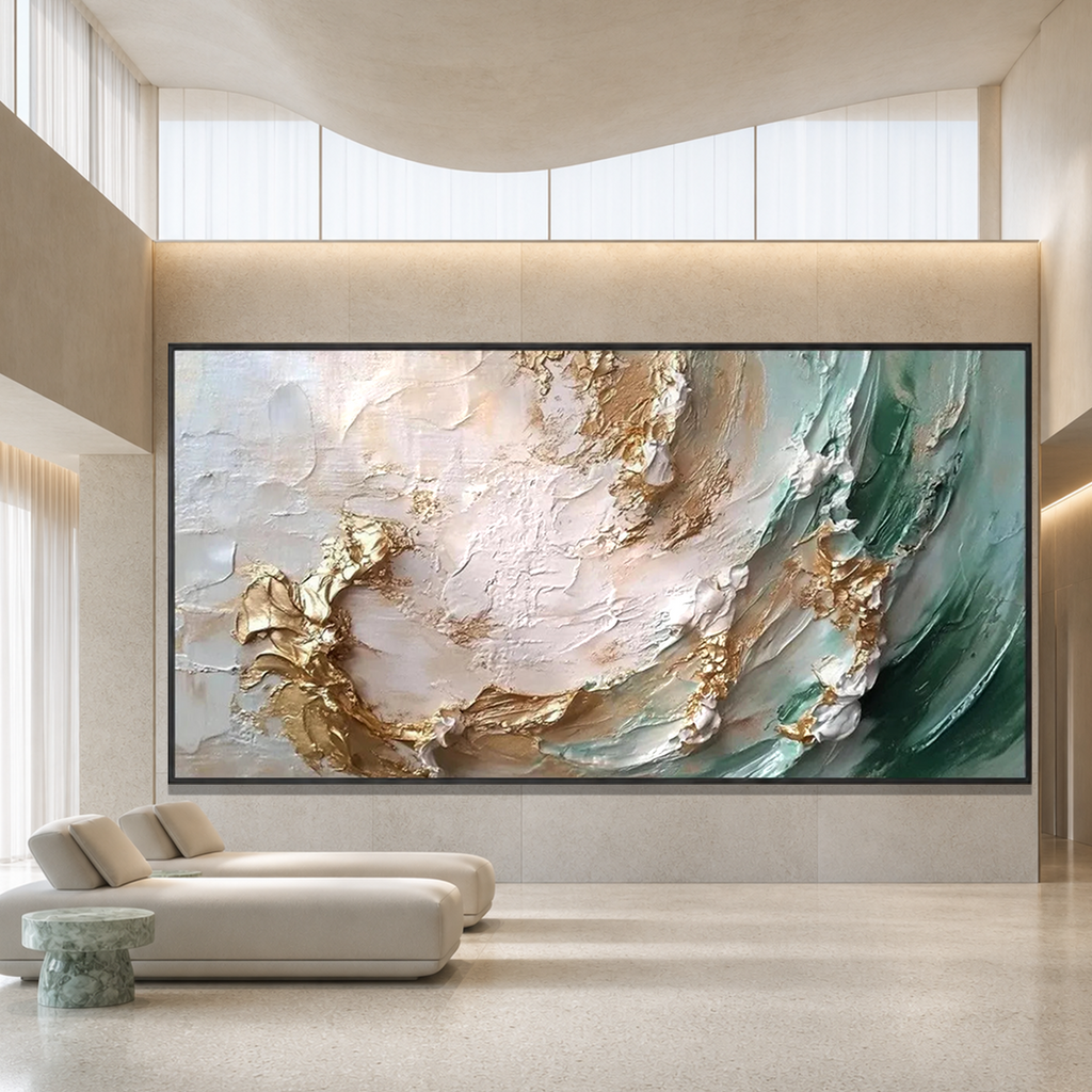 JADE AURORA: Textured Green Gold Impasto Abstract Natural Canvas