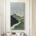 JADE PEAK mountain landscape painting by Chen Liu. Textured green and white mountains and flowing river. Modern home decor