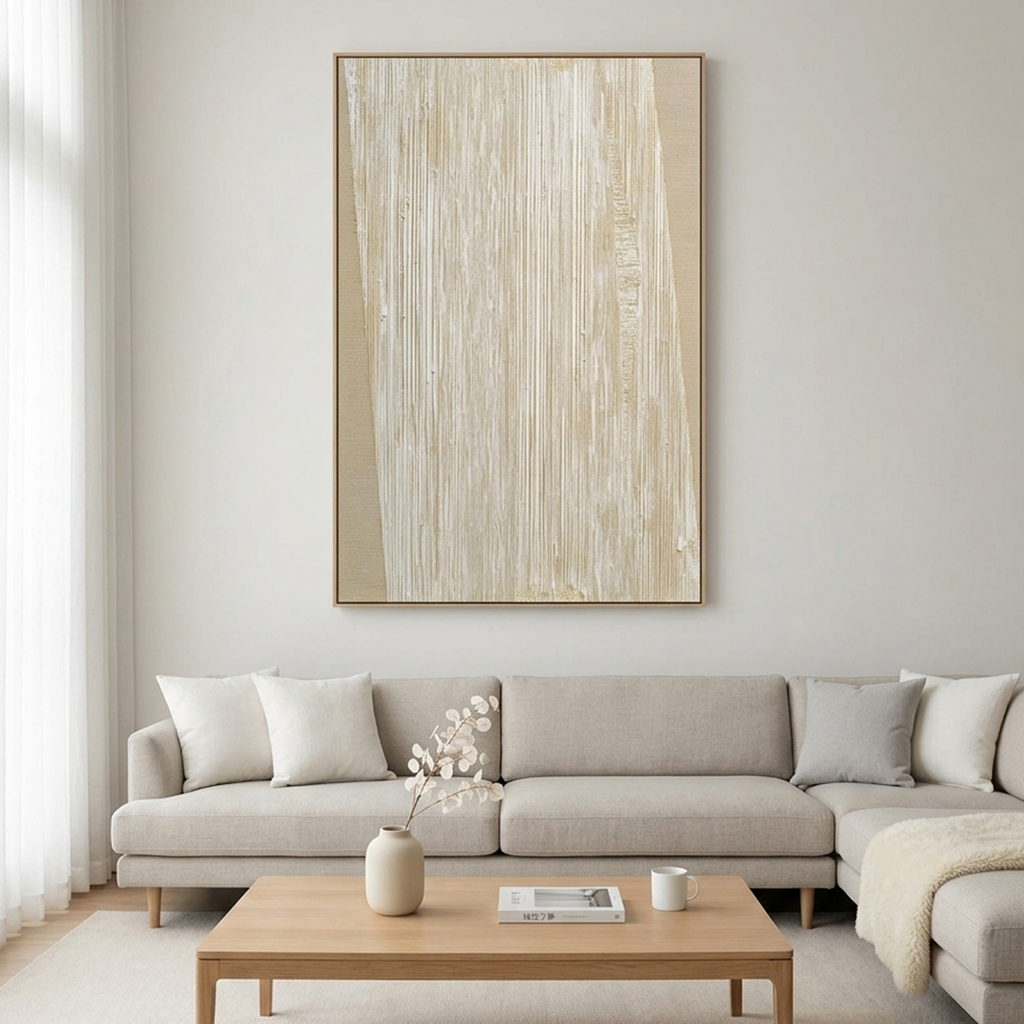 LINEAR CALM: Beige Off White Parallel Grooves Palette Knife Canvas