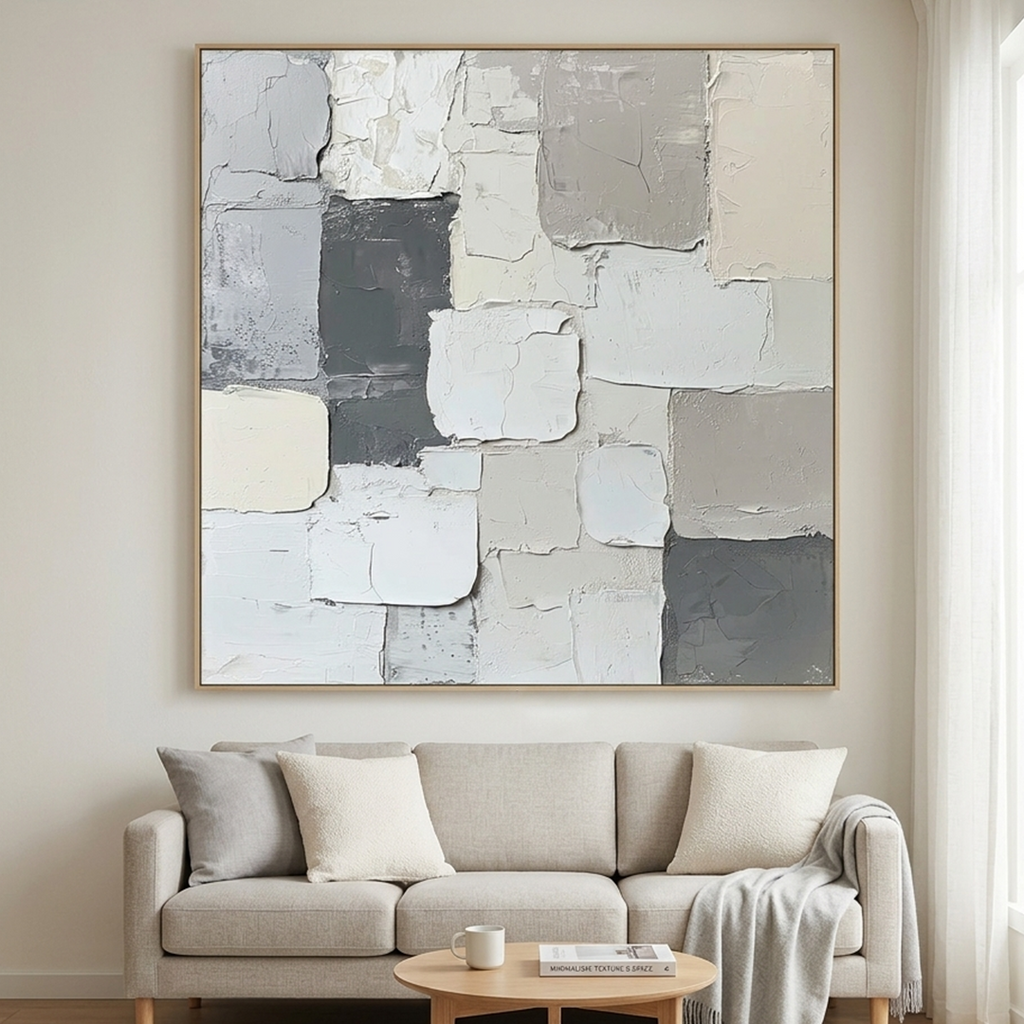 LAYERED HARMONY: Textured Grey White Layered Blocks Minimalist Canvas