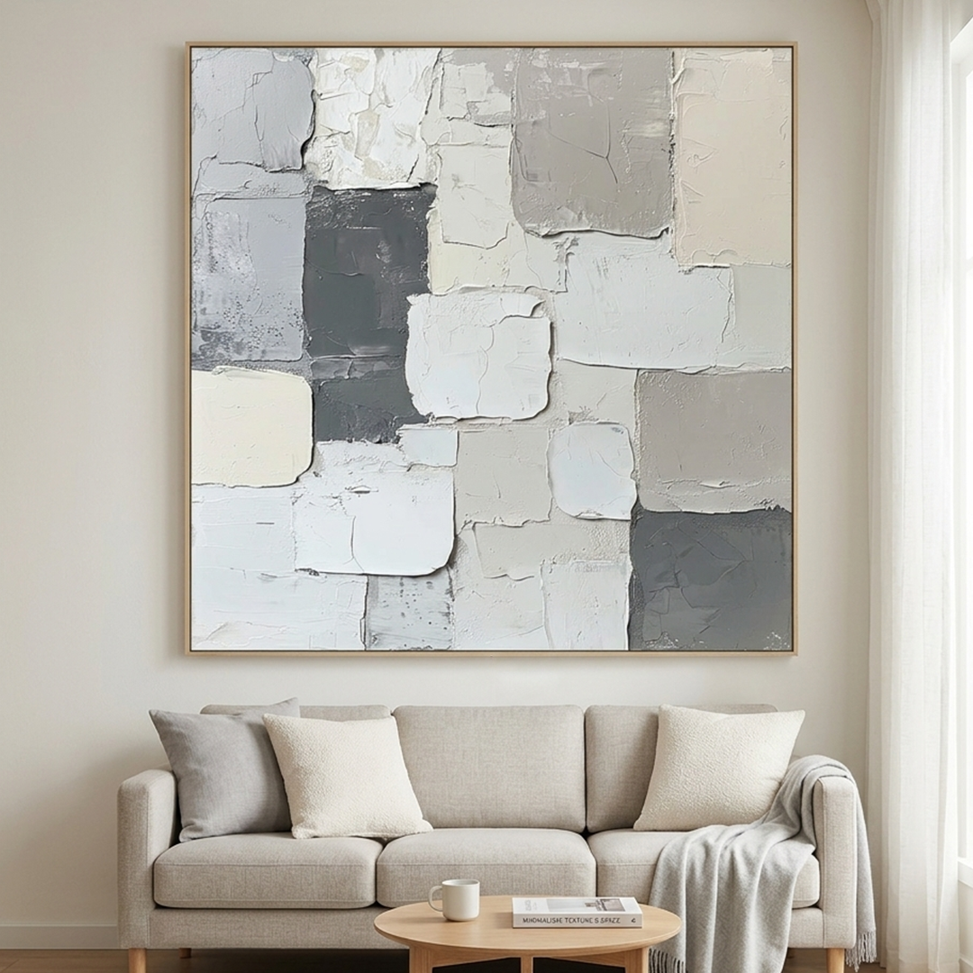 LAYERED HARMONY: Textured Grey White Layered Blocks Minimalist Canvas