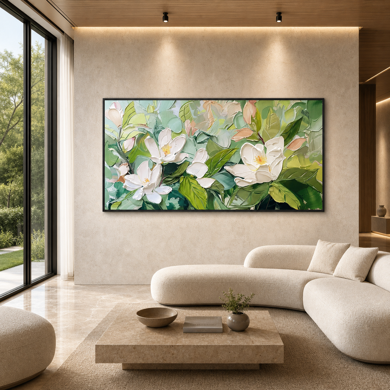 MAGNOLIA BLOSSOMS: White Pink Magnolia Soft Green Leafy Impasto Canvas