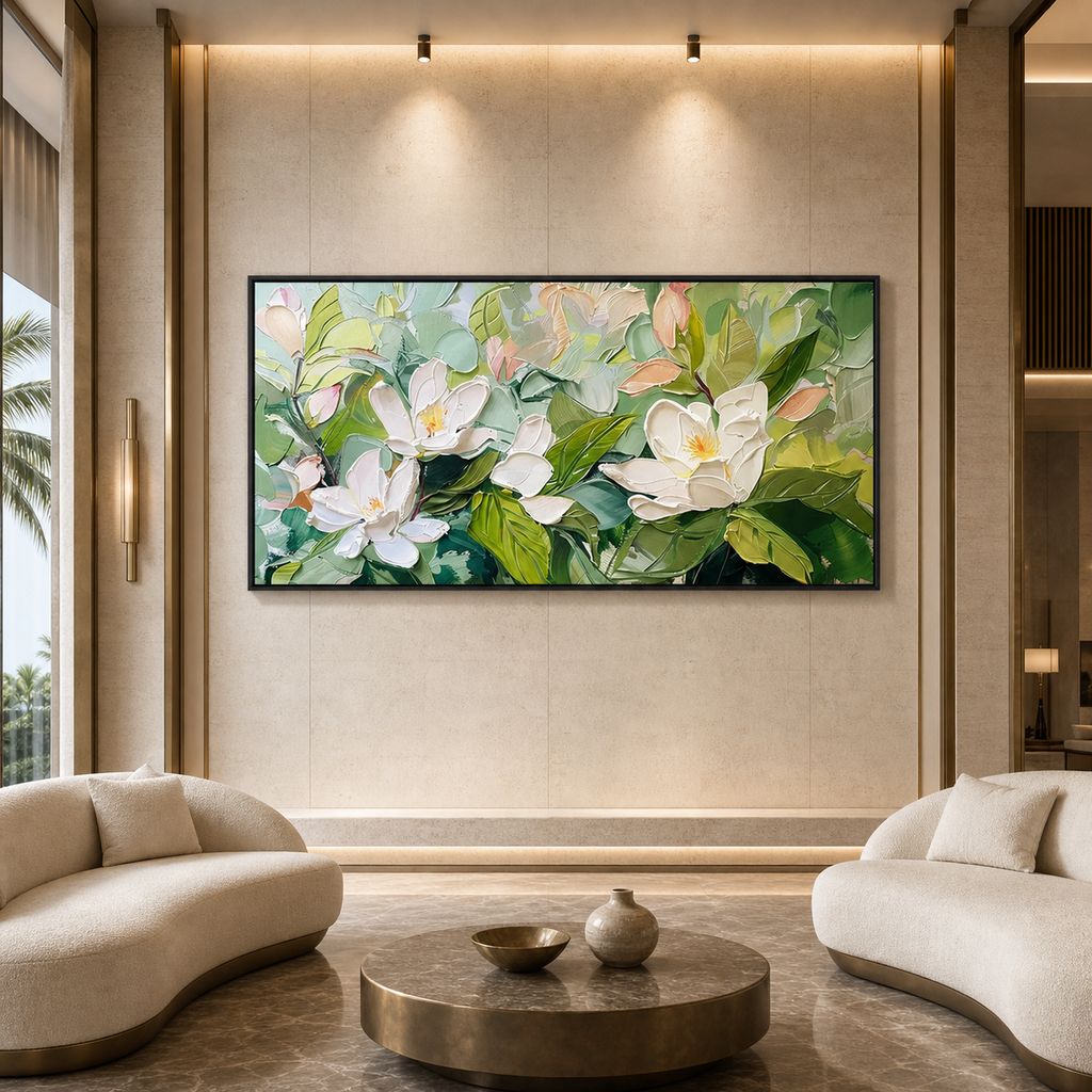 MAGNOLIA BLOSSOMS: White Pink Magnolia Soft Green Leafy Impasto Canvas