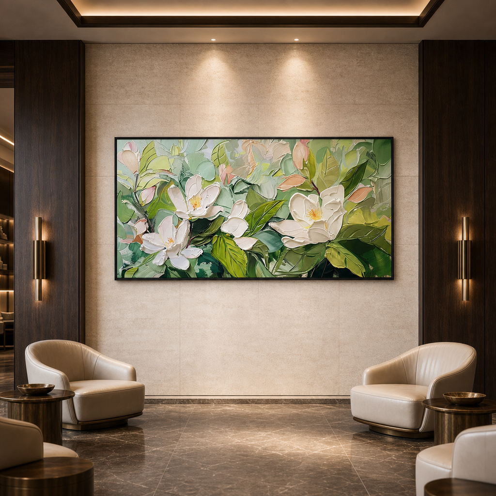 MAGNOLIA BLOSSOMS: White Pink Magnolia Soft Green Leafy Impasto Canvas