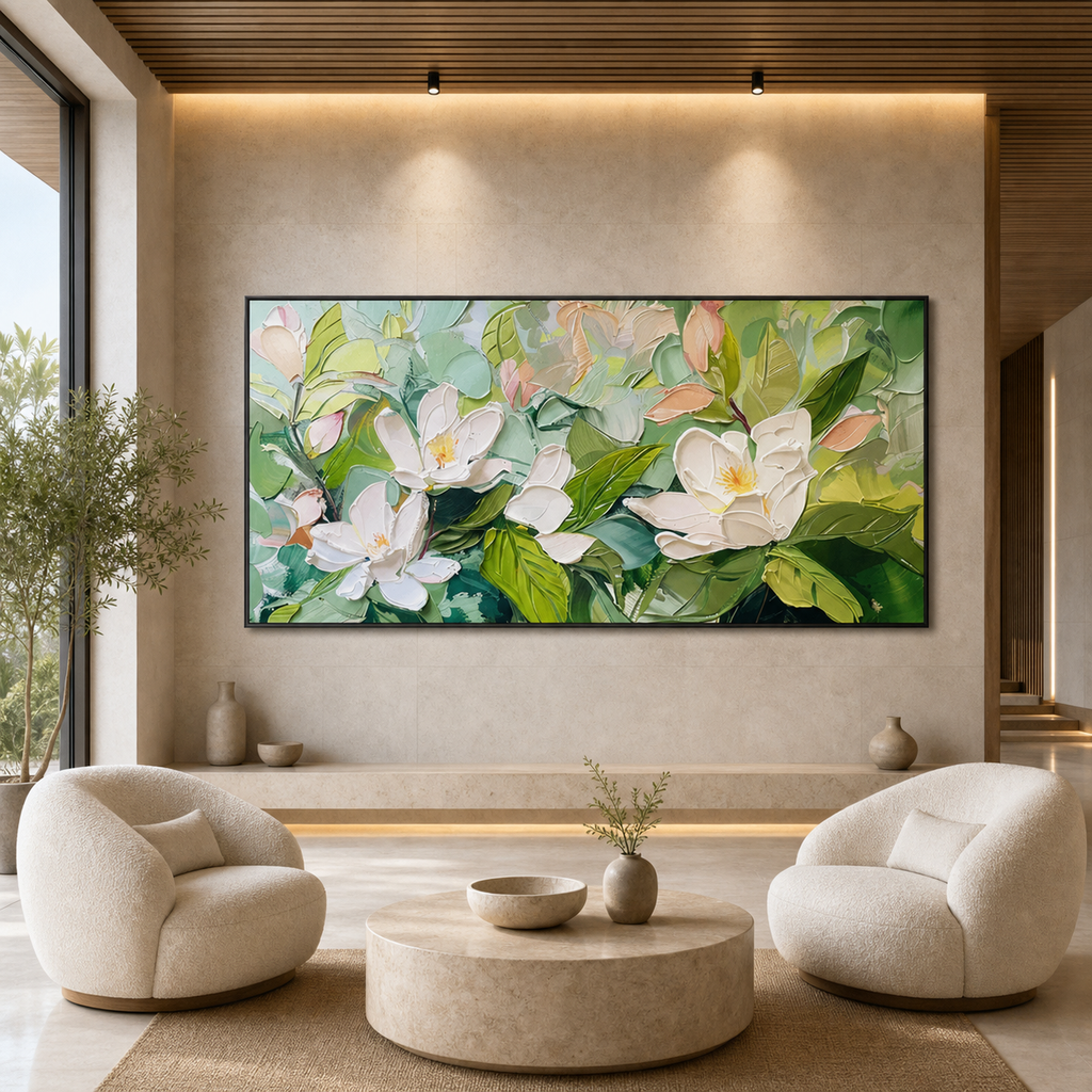 MAGNOLIA BLOSSOMS: White Pink Magnolia Soft Green Leafy Impasto Canvas