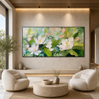 MAGNOLIA BLOSSOMS: White Pink Magnolia Soft Green Leafy Impasto Canvas
