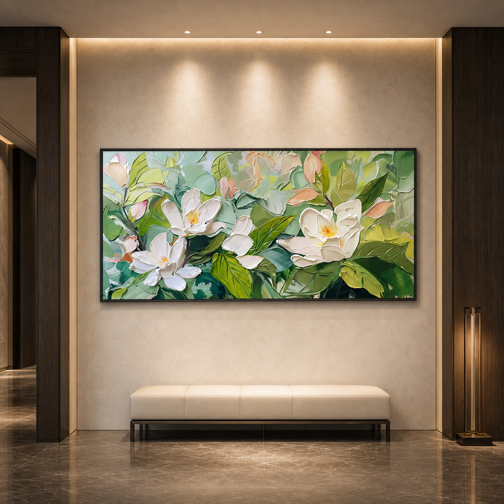 MAGNOLIA BLOSSOMS: White Pink Magnolia Soft Green Leafy Impasto Canvas