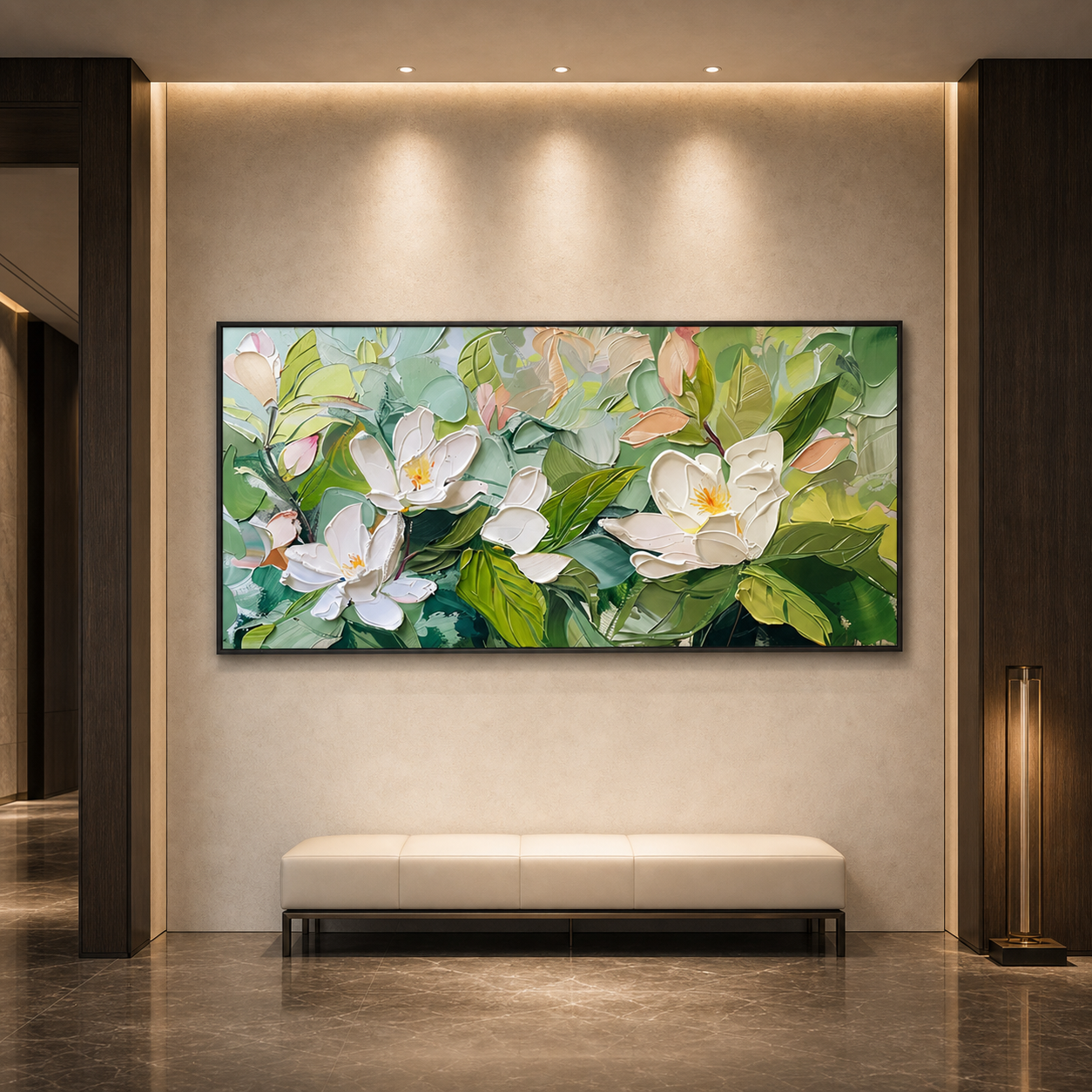 MAGNOLIA BLOSSOMS: White Pink Magnolia Soft Green Leafy Impasto Canvas