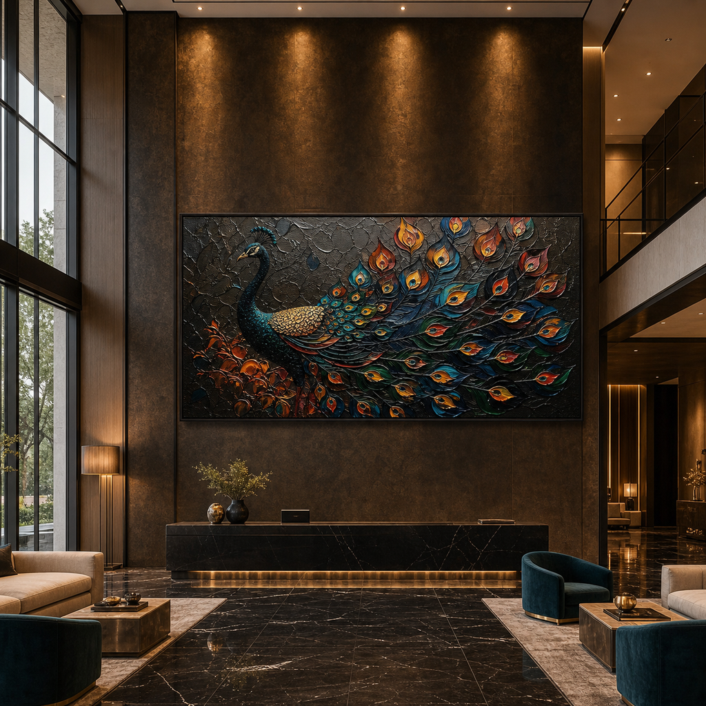 MAJESTIC PLUMAGE: Iridescent Peacock Feathers Rich Textured Canvas