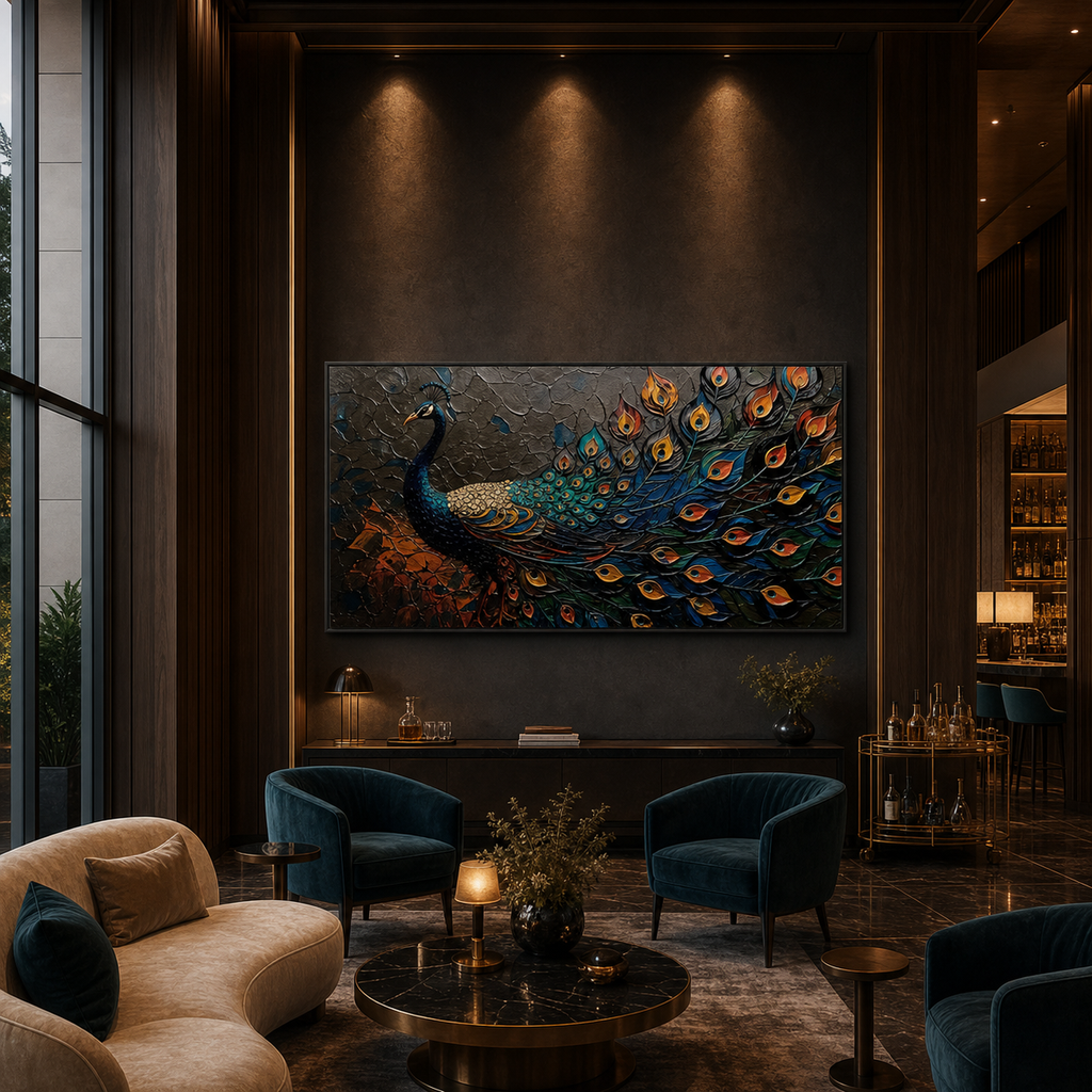 MAJESTIC PLUMAGE: Iridescent Peacock Feathers Rich Textured Canvas