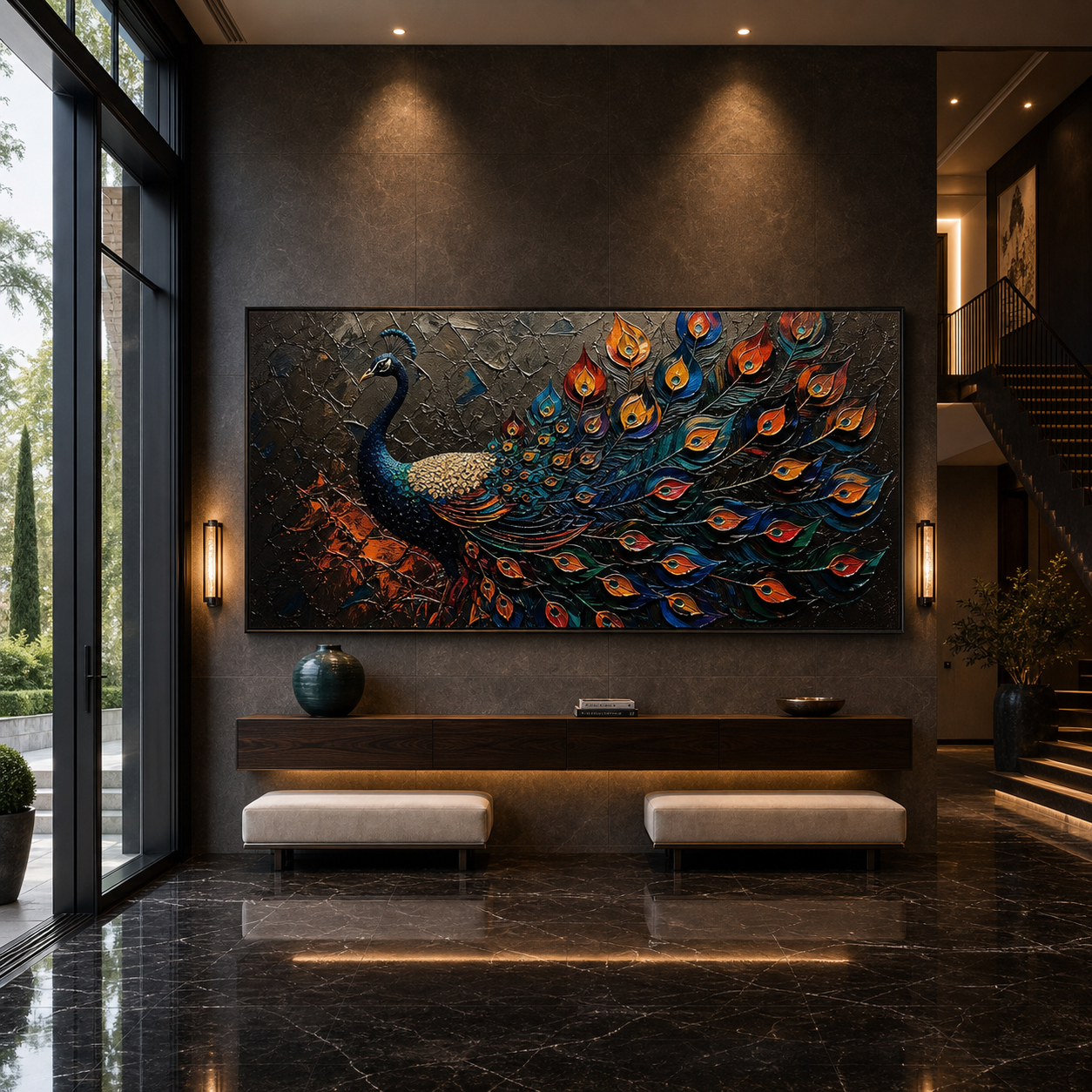 MAJESTIC PLUMAGE: Iridescent Peacock Feathers Rich Textured Canvas