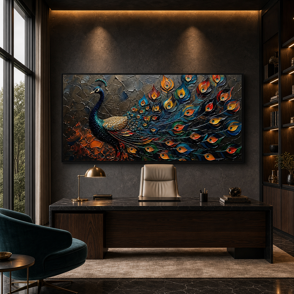 MAJESTIC PLUMAGE: Iridescent Peacock Feathers Rich Textured Canvas