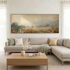 MEADOW VALLEY PANORAMIC: Soft Gold Sunlit Green Meadow Minimalist Canvas