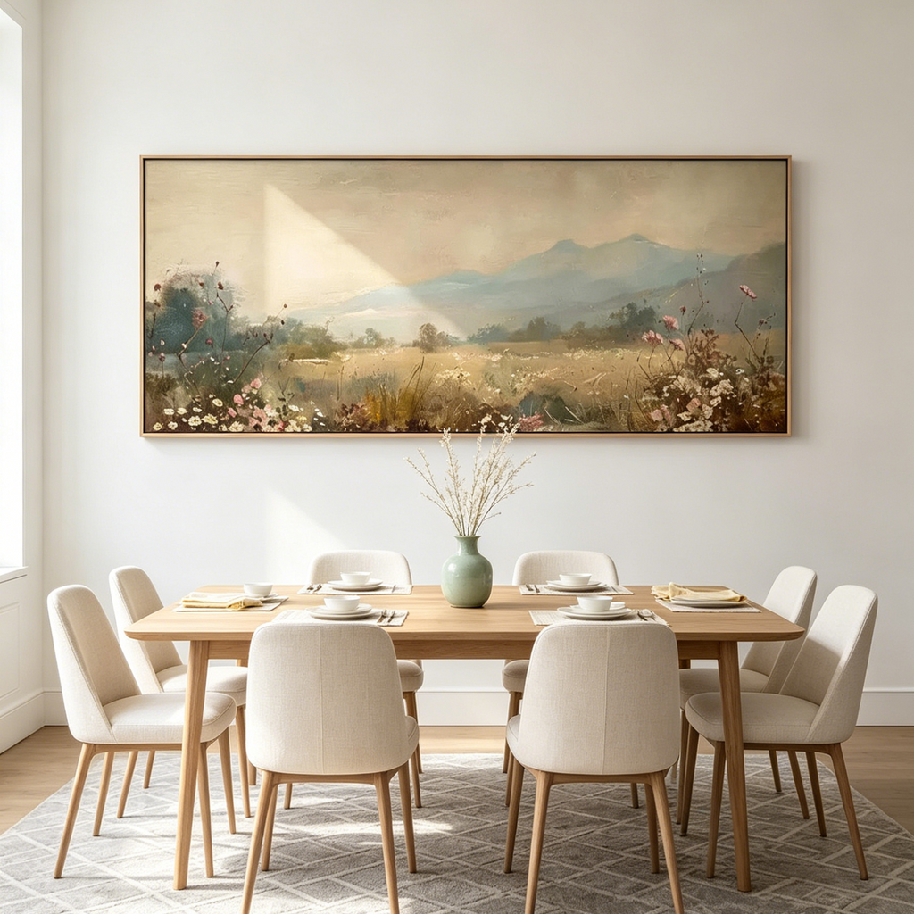 MEADOW VALLEY PANORAMIC: Soft Gold Sunlit Green Meadow Minimalist Canvas
