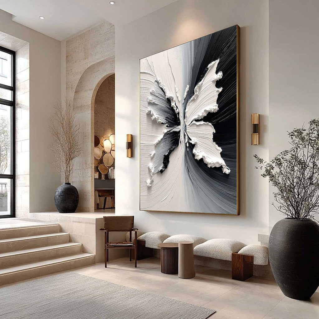 **METAMORPHOSIS:** Heavy Texture Black and White Butterfly Painting