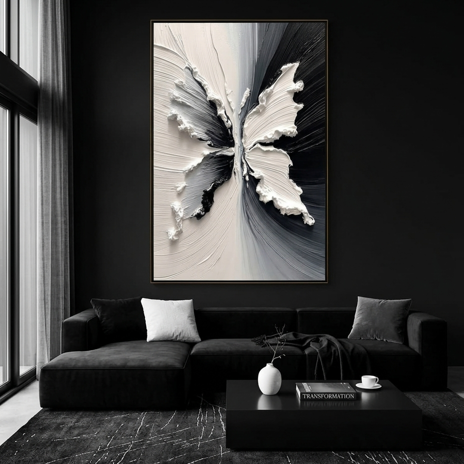 METAMORPHOSIS: Impasto Black White Butterfly Emerging Canvas