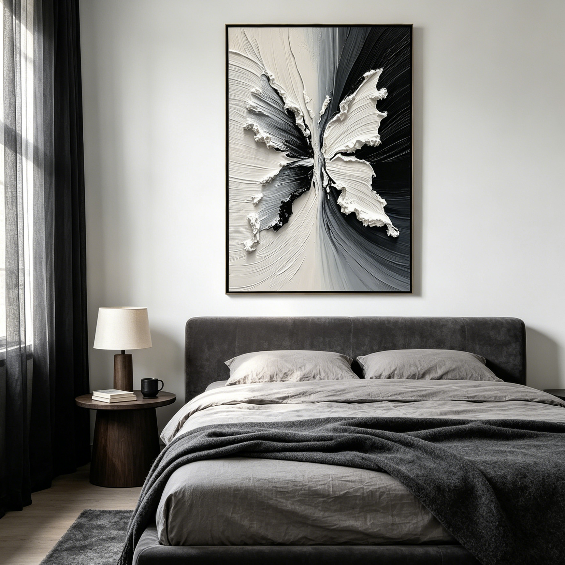 METAMORPHOSIS: Impasto Black White Butterfly Emerging Canvas