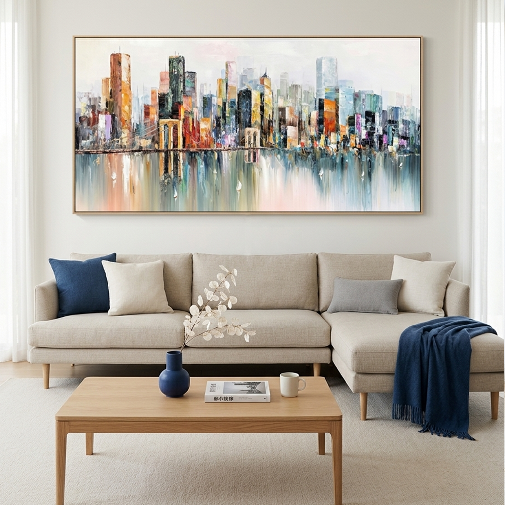 METROPOLITAN REFLECTIONS: City Skyline With Water Reflections Panoramic Oil Painting