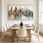 METROPOLITAN REFLECTIONS: City Skyline With Water Reflections Panoramic Oil Painting